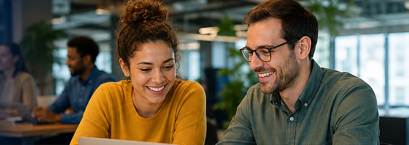 Two colleagues working together in a modern workplace
