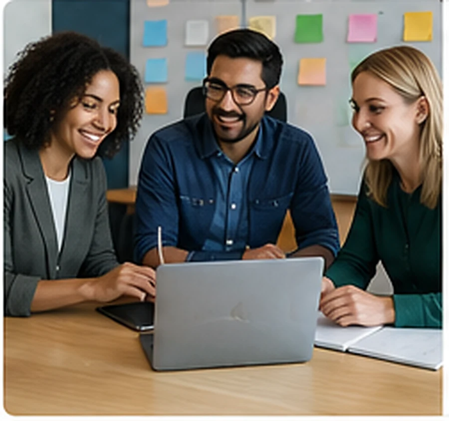 A diverse professional team collaborating around a laptop